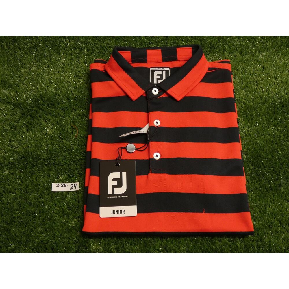 FootJoy Junior Boys Rugby Striped Collar Golf Shirt Red/Blue Medium 28172